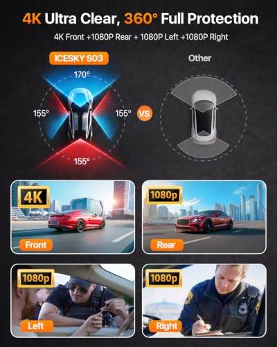 Icesky 4K Dash Cam Front and Rear Left Right with GPS, 20MB/s WiFi 6 | Include 128GB SD Card, G-Sensor, 5.8GHz WiFi6, Parking Mode, 8 IR Lights, 4K Front 1080P Rear/Left/Right, 360° 4 Channel