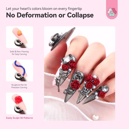 SAVILAND Non-Sticky 3D Sculpting Gel for Nail Art, 12 Colors Black White | No-Wipe, For Hand Carving 3D Art Design, Plant-Based Formula, Soak-Off, With Dual-End Sculpture Pen, Home and Salon Use