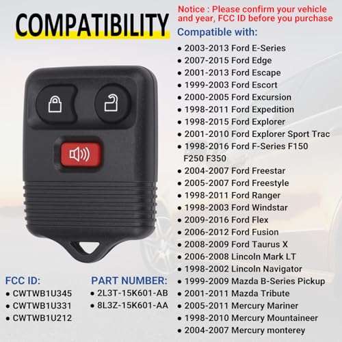 Vurkcy Keyless Entry Remote Key Fob Compatible with Ford F150 F250 F350 Escape Expedition Explorer Ranger, Lincoln, Mercury, Mazda and More, Replacement for CWTWB1U331 CWTWB1U345, 3 Button (Pack of 2)