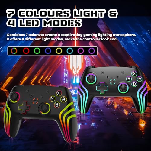 MYSTILUCK Wireless Pro Controller for Switch/Switch 2/Lite/OLED/PC | Gamepad with 7 Color-Changing RGB Lighting/Dual Vibration/6-Axis Gyroscope/Turbo, Ergonomically Designed Precise Joystick