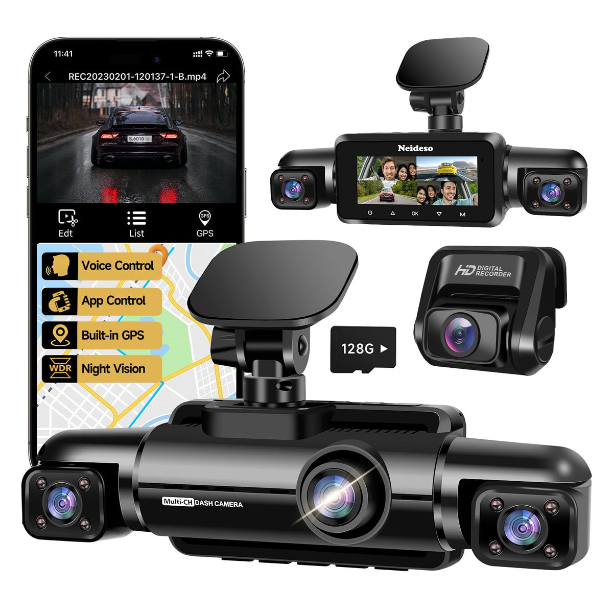 Neideso 360° Dash Cam Front and Rear Inside, 4 Channel Dash Camera for Car | Free 128GB Card, 5GHz WiFi, 4K Dashcam, GPS, Night Vision 3.0, Voice Control, G-Sensor, OTA Upgrade, 24H Parking Mode(N300)