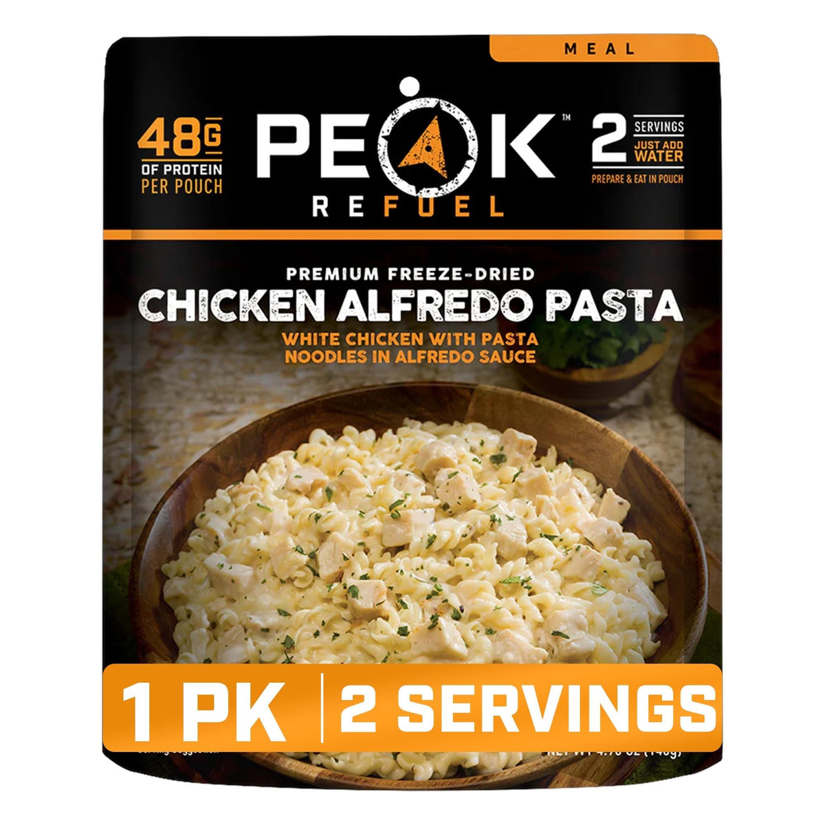 Peak Refuel Chicken Alfredo Freeze-Dried Meal, 48g Protein, 2 Servings | 48g protein, 100% real meat, Non-GMO ingredients, No fillers, Freeze-dried, Just add water, 2 servings, Backpacking meal