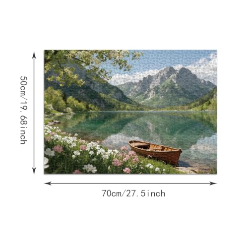 PQIKTUV Spring Mountain Lake Puzzles for Adults 1000 Pieces | Wooden Boat Landscape Jigsaw Puzzle, Nature Scenery 1000 Pieces Puzzles for Adults, Wall Decor, 27.56x19.7 Inch