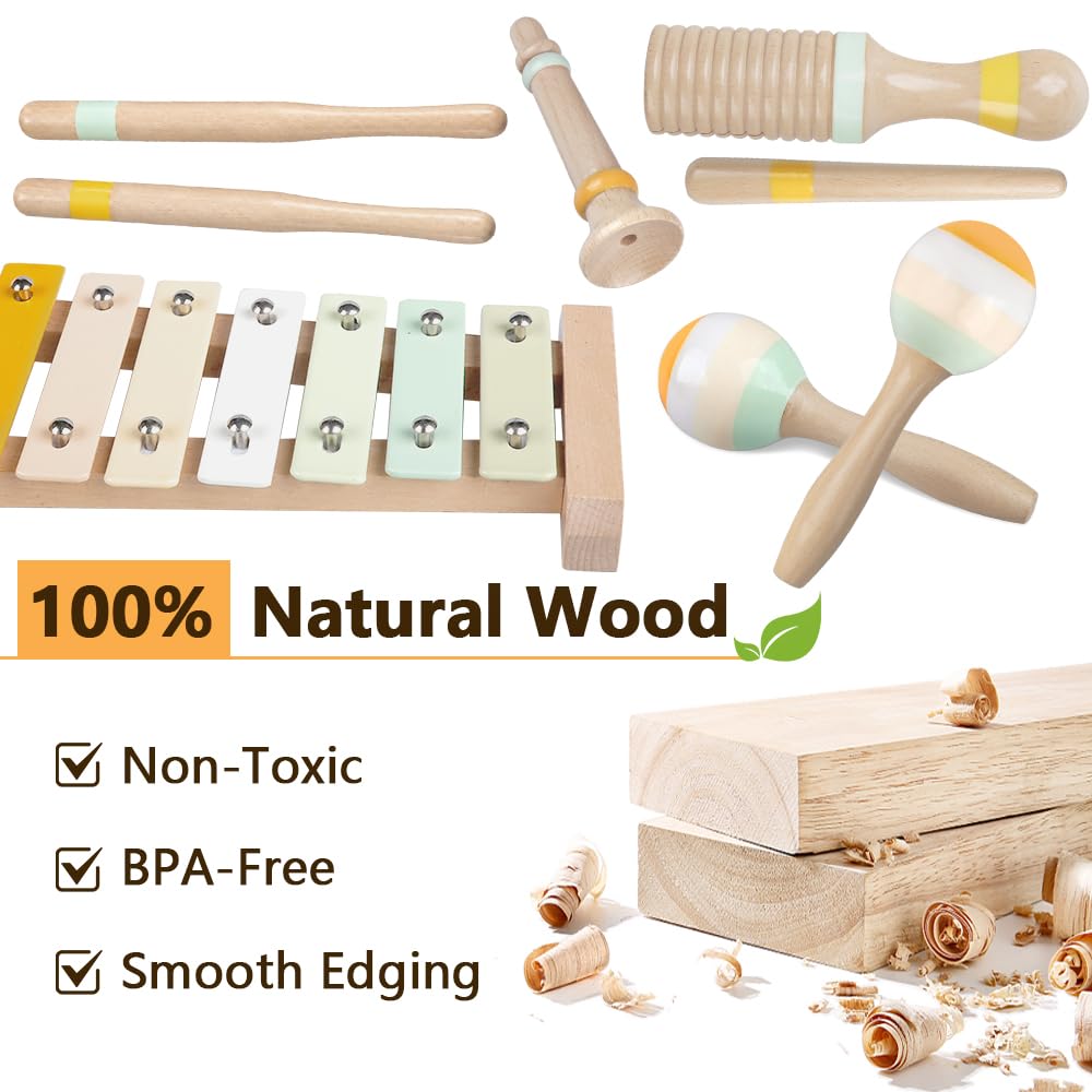 Baby Musical Instruments-Montessori Wooden Toys for Toddlers | Neutral Colors Percussion Instruments Set with Modern Boho Xylophone for Kids Preschool Educational (Neutral)
