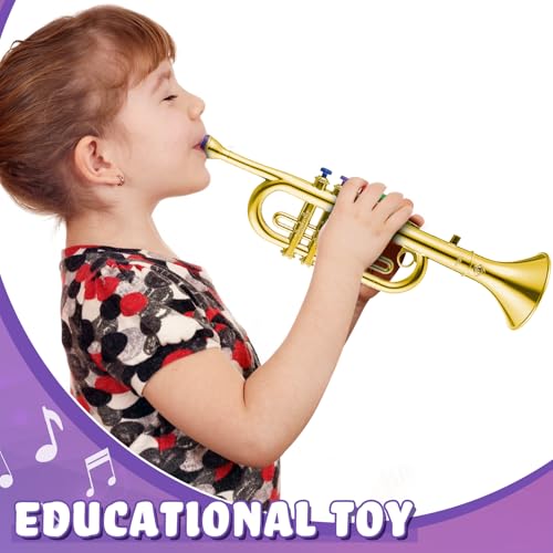 Lewtemi Gold Trumpet Musical Instruments Toy for Kid Fake Plastic | Musical Toy for Girls Preschool Learning, Fake Wind Horn Colorful Keys, Beginner Saxophone Trombone Bugle Teaching Gift