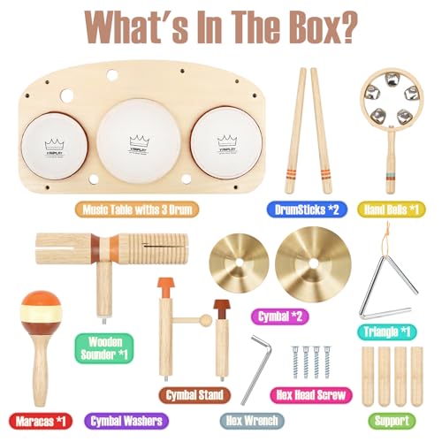 Vanplay Kids Drum Set, Montessori Toys for 2 3 Year Old Boy Girl Gifts | 11 in 1 Wooden Musical Instruments for Toddlers, Musical Activity Table, Explore Music & Rhythm, Christmas Birthday Gift