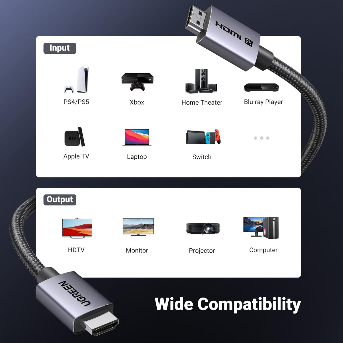 UGREEN 8K HDMI 2.1 Cable 48Gbps 6.6FT, Certified Ultra High Speed HDMI Cord | Aluminum, 4K@240Hz 120Hz 10K 8K@60Hz, HDCP 2.2&2.3, eARC HDR 10 Dolby Compatible with PS5/Blu-ray/Roku TV/Switch 2/Mac mini