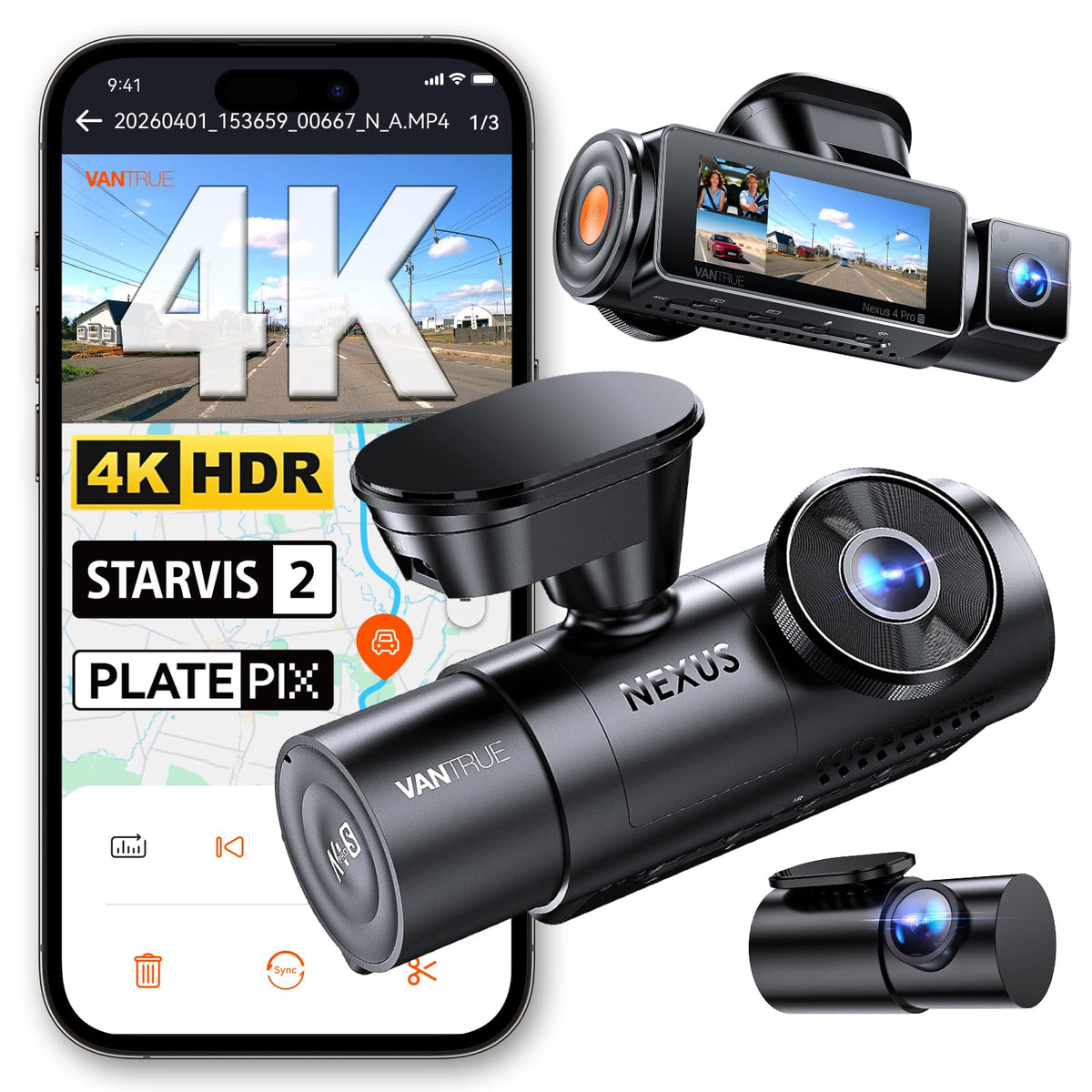 Vantrue N4 Pro S 4K 3 Channel Dash Cam, Triple STARVIS 2 HDR Car Camera | 4K+1080P+2.5K Front and Rear Inside Dashcam, IR Night Vision, 24/7 Buffered Parking Mode, GPS, Wi-Fi, Support 1TB (RC18)