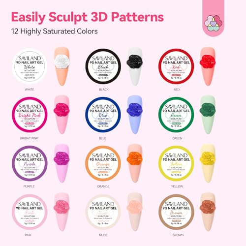 SAVILAND Non-Sticky 3D Sculpting Gel for Nail Art, 12 Colors Black White | No-Wipe, For Hand Carving 3D Art Design, Plant-Based Formula, Soak-Off, With Dual-End Sculpture Pen, Home and Salon Use