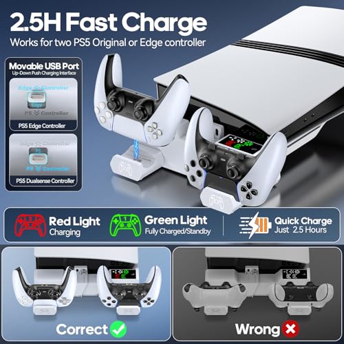 PS5/Slim/Pro Horizontal Stand with Cooling Fan & Charger for Original & Edge Controllers, Scalable Design PS5 Accessories Base with EVA Foams for All PS Five Disc & Digital, PS 5 Sideways Stand White