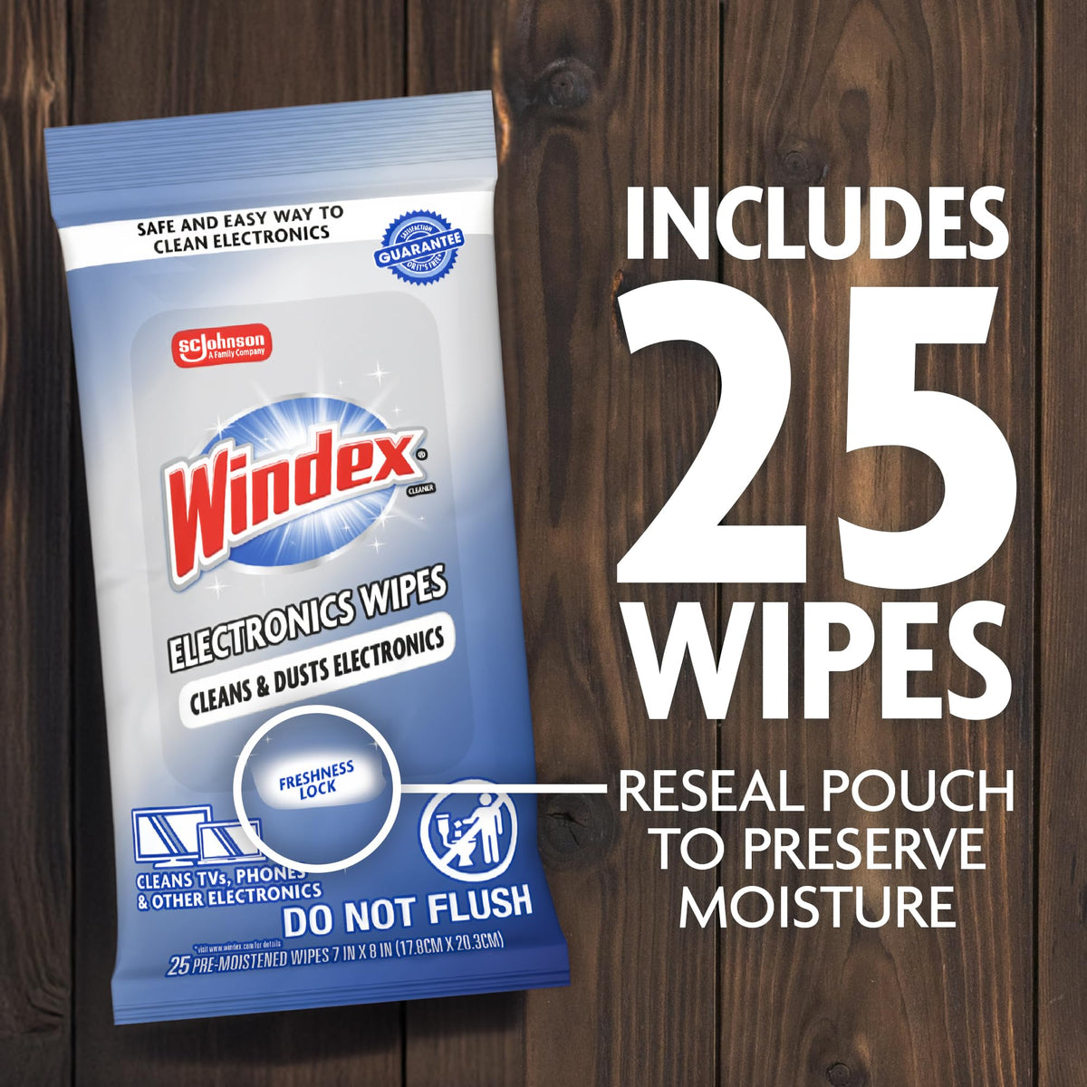 Windex Electronic Cleaning Wipes, Anti-Static & Ammonia-Free, 25 Count | Pre-Moistened Wipes for Monitors, Computer Screens, Laptops, TVs, Phones & More, Resealable Pack with Freshness Lock
