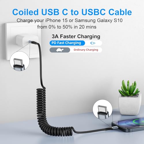 USB C Cable 3ft 2Pack USB C to USB C Charger Cable for Car, Coiled Type C