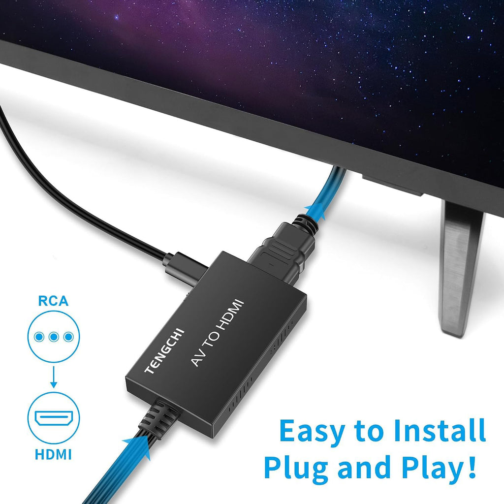 Tengchi RCA to HDMI Converter, AV to HDMI Adapter | Composite to HDMI Support 1080P PAL/NTSC For PS1, PS2, PS3, STB, Xbox, VHS, VCR, DVD Players