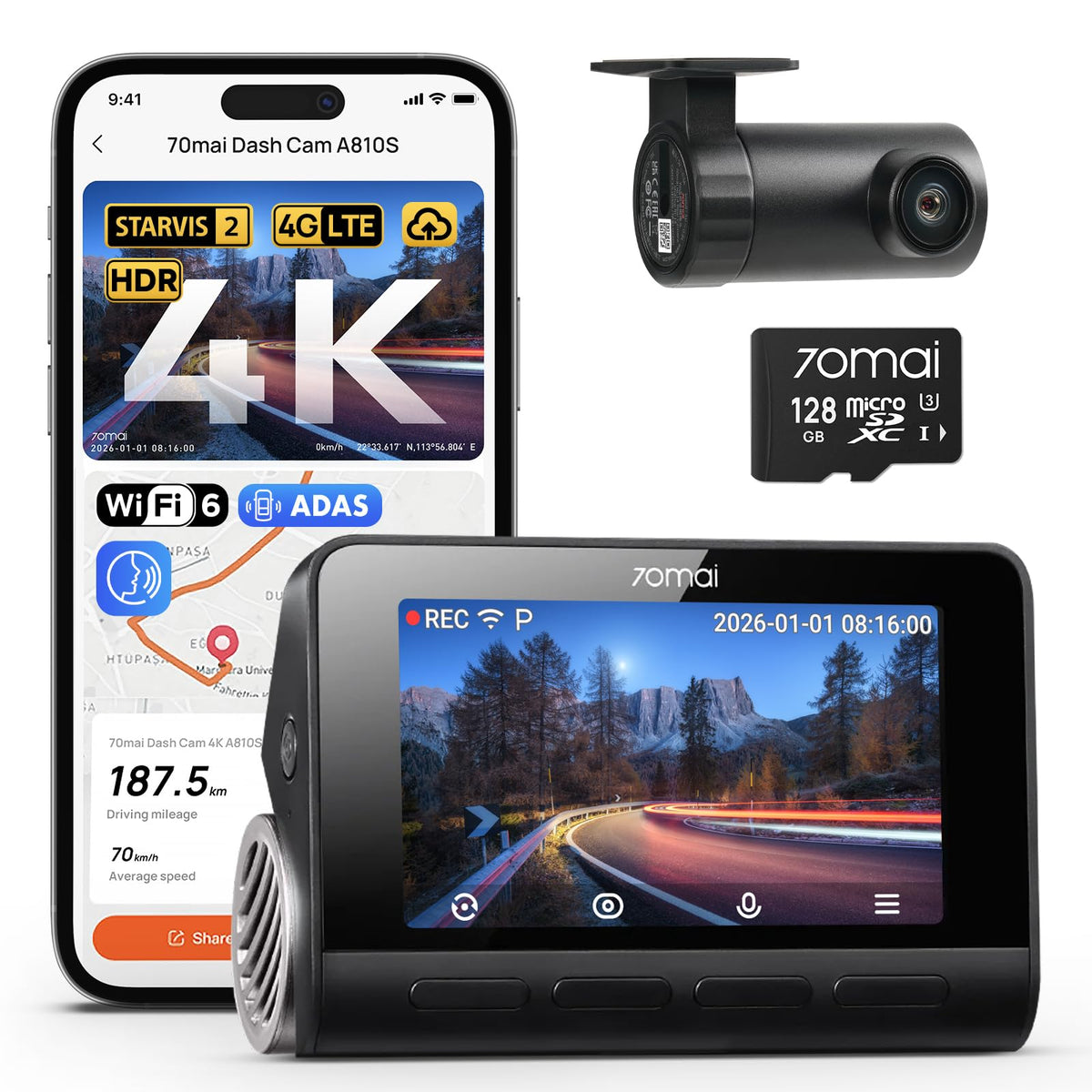 70mai 4K Dash Cam Front and Rear, 4K+1080P Dual STARVIS 2 Car Dash Camera for Cars, 4G LTE Remote Access, AI Motion Detection, WiFi 6, 5 GPS, 24H Parking Mode, HDR Night Vision, Voice Control, ADAS