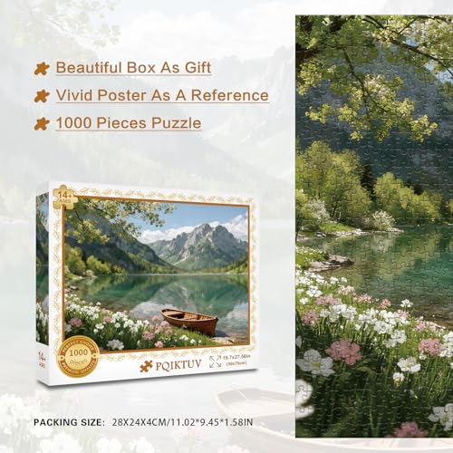 PQIKTUV Spring Mountain Lake Puzzles for Adults 1000 Pieces | Wooden Boat Landscape Jigsaw Puzzle, Nature Scenery 1000 Pieces Puzzles for Adults, Wall Decor, 27.56x19.7 Inch