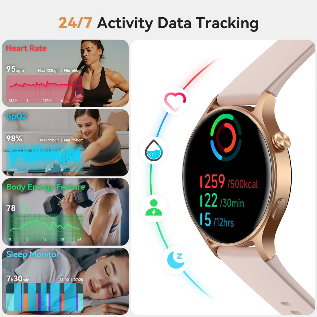 aeac Smart Watch for Women, AMOLED Ultra-Clear Screen Activity Trackers with Heart Rate/Sleep/SpO2 Monitor, Smartwatch for iPhone/Samsung/Android, 110+ Sport Modes (Rose Gold, S/M/L, Rose Gold)