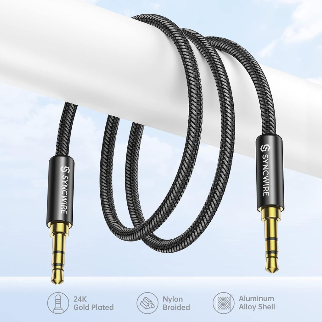 Syncwire 3.5mm Nylon Braided Aux Cable (3.3ft/1m,Hi-Fi Sound), Audio Auxiliary Input Adapter Male to Male Cord for Headphones, Car, Home Stereos, Speaker, iPhone, iPad, iPod, Echo & More – Black
