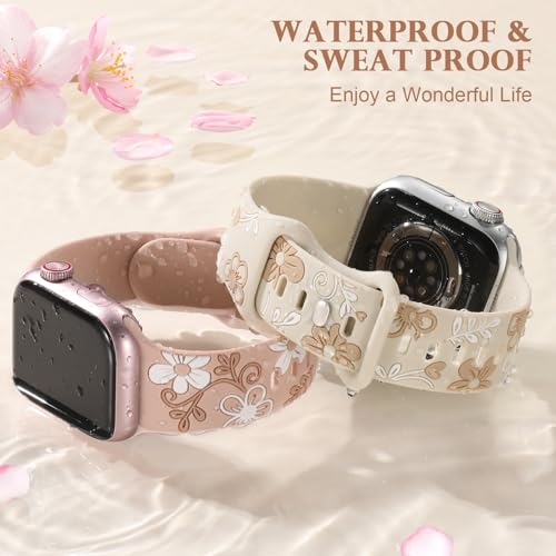 Witzon Floral Silicone Band Compatible with Apple Watch Bands For Women | 40mm 41mm 38mm 42mm 44mm 45mm 46mm 49mm, Engraved Cute Dressy Strap for iWatch Series 12 11 10 9 8 7 6 5 SE Ultra 4 3 2 1