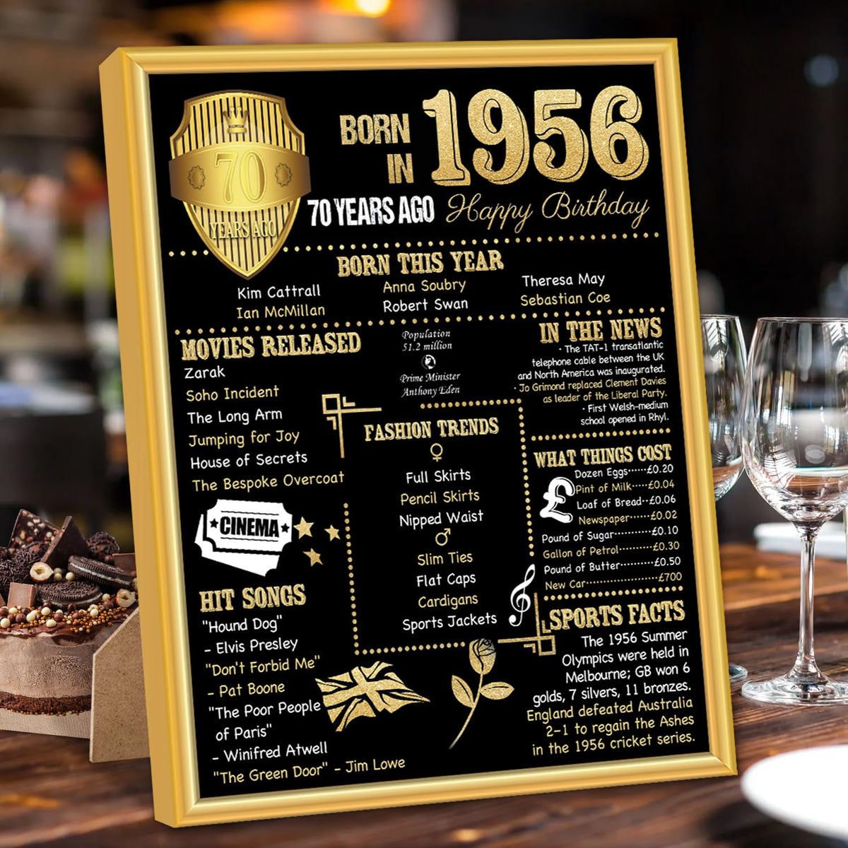 Benjia 1956 Poster Framed UK, Happy 70th Birthday Sign Card Party Decor Supplies Home Decoration Birthday Gift 70 Years Old Wedding Newspaper For Men Women (8x10 inch, Black Gold)