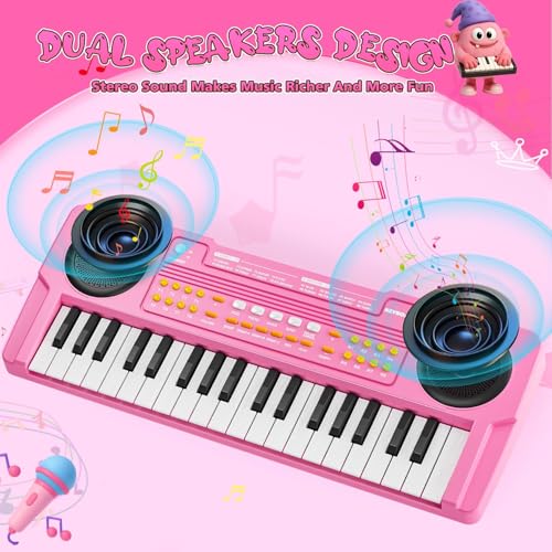 Upgraded 37 Keys Kids Piano Keyboard with Mic for 3 4 5 6 Boys Girls - Pink | Portable Toddler Music Toys Musical Instrument Birthday Xmas Gift
