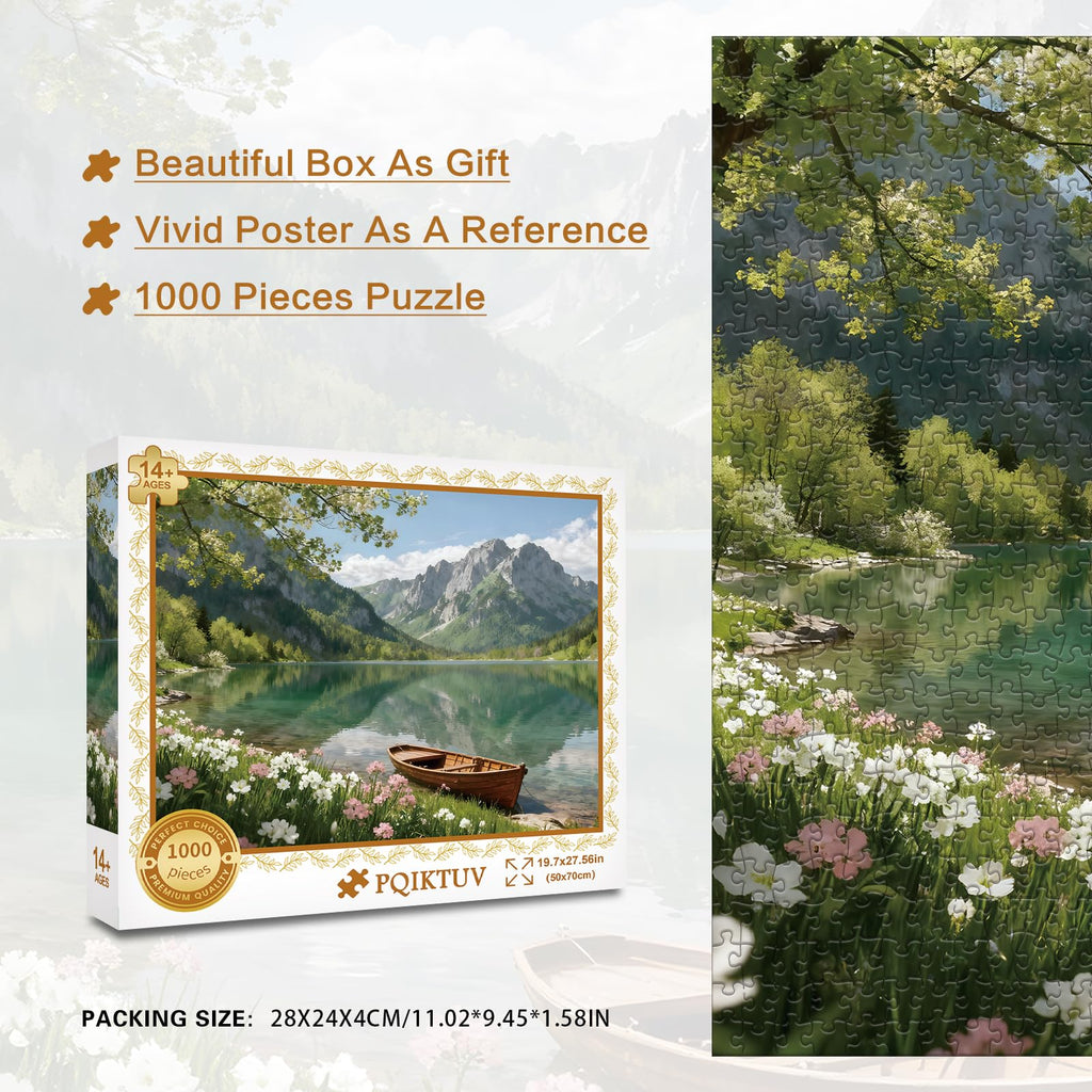 PQIKTUV Spring Mountain Lake Puzzles for Adults 1000 Pieces | Wooden Boat Landscape Jigsaw Puzzle, Nature Scenery 1000 Pieces Puzzles for Adults, Wall Decor, 27.56x19.7 Inch