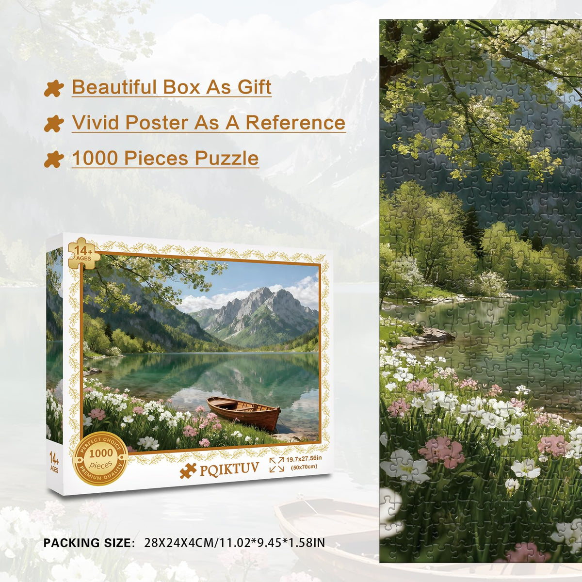 PQIKTUV Spring Mountain Lake Puzzles for Adults 1000 Pieces | Wooden Boat Landscape Jigsaw Puzzle, Nature Scenery 1000 Pieces Puzzles for Adults, Wall Decor, 27.56x19.7 Inch