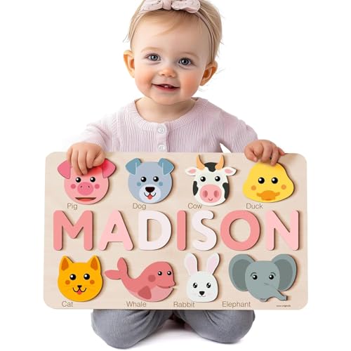 Zuzu Puzzle Personalized Name Puzzle for Toddlers 1-3 | Safari, Farm & 12 Themes | Handmade Wooden Montessori Toy, Keepsake Nursery Decor & Perfect 1st Birthday Gift for Boy Girl
