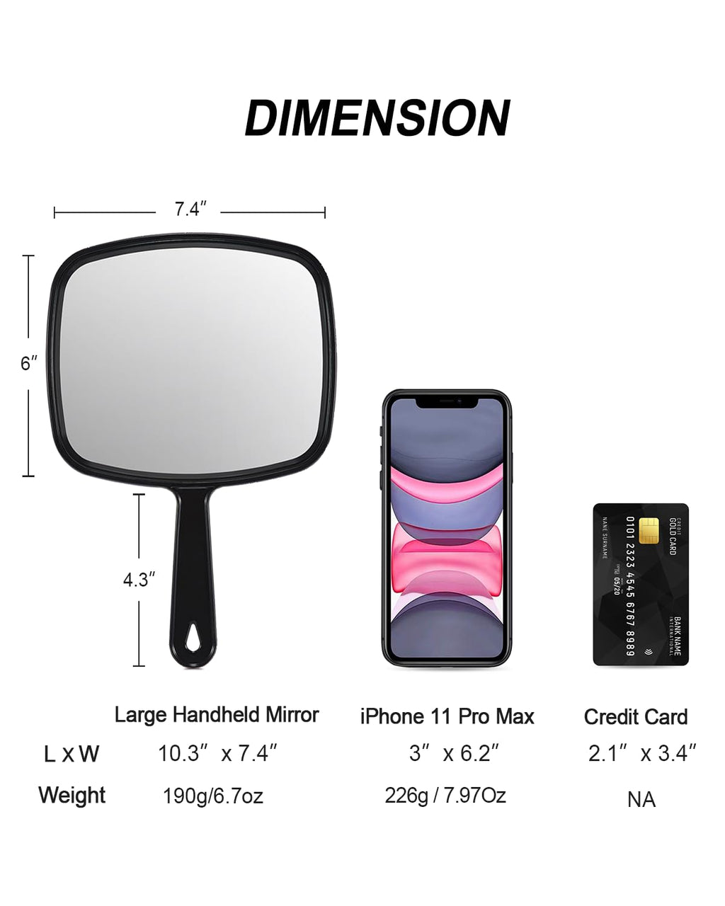Gladmart 10.3" L x 7.4" W Hand Mirror for Home and Barber, Black | Hand Mirrors with Handle, Barber Accessories, Hair Salon Supplies, Distortion-Free Glass, Makeup Mirror for Women Men
