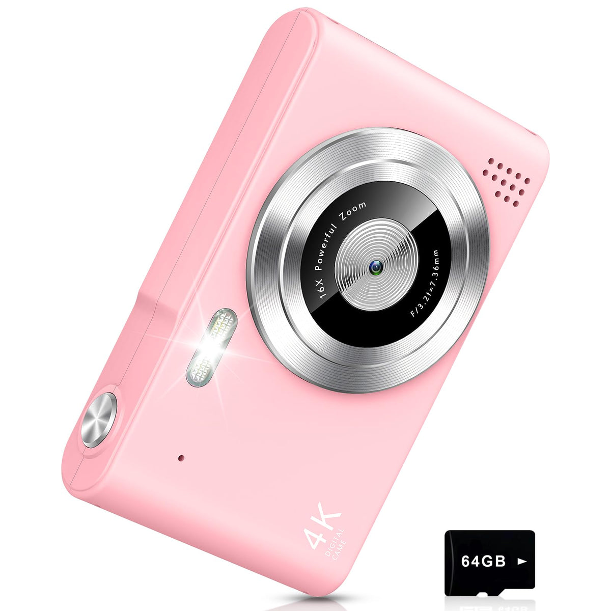 Digital Camera UHD 4K with 64G Card 16X Zoom Light & Easy for Kids, Pink | Child-friendly drop-proof shell 2.4" IPS screen & lanyard digital camera Ideal pocket camera for boys & girls photo beginners