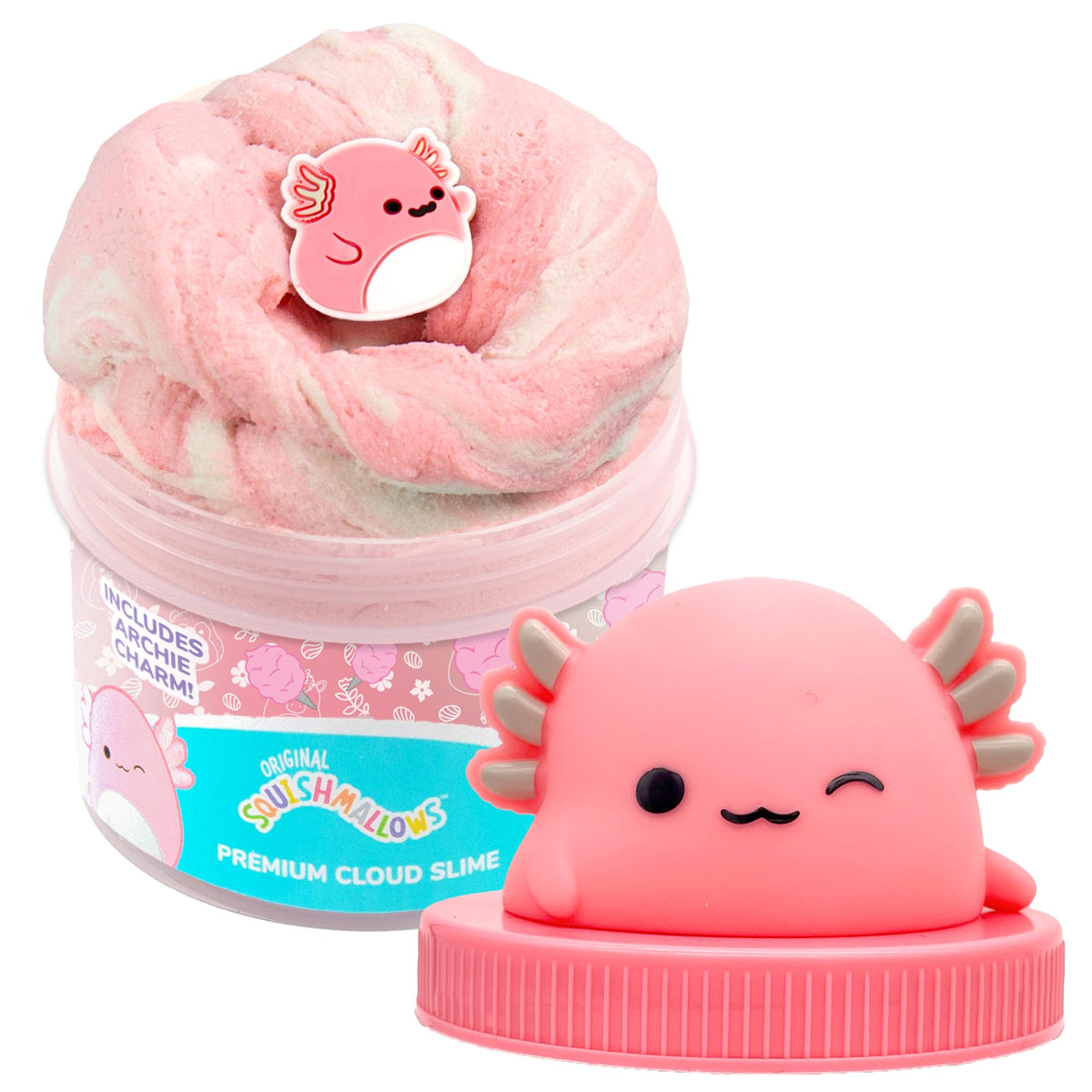 Original Squishmallows Scented Slime Jar, Cotton Candy, Archie the Axolotl | Premium Cloud Slime with Mix Ins, Rubber Charm & Topper Jar, Sensory Toys for Kids, Party Favors and Goodie Bag Stuffers