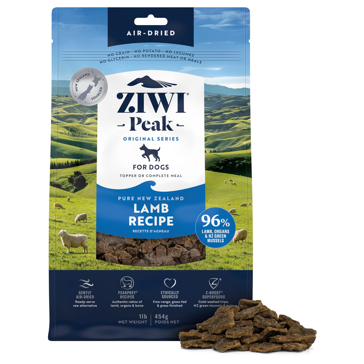 ZIWI Peak Air-Dried Dog Food, Lamb, 96% Meat & Organs, Grain-Free, 1 lb | Cold-washed green tripe; no potatoes or legumes; organic kelp; no rendered meals; New Zealand sourced; meal, topper or treat