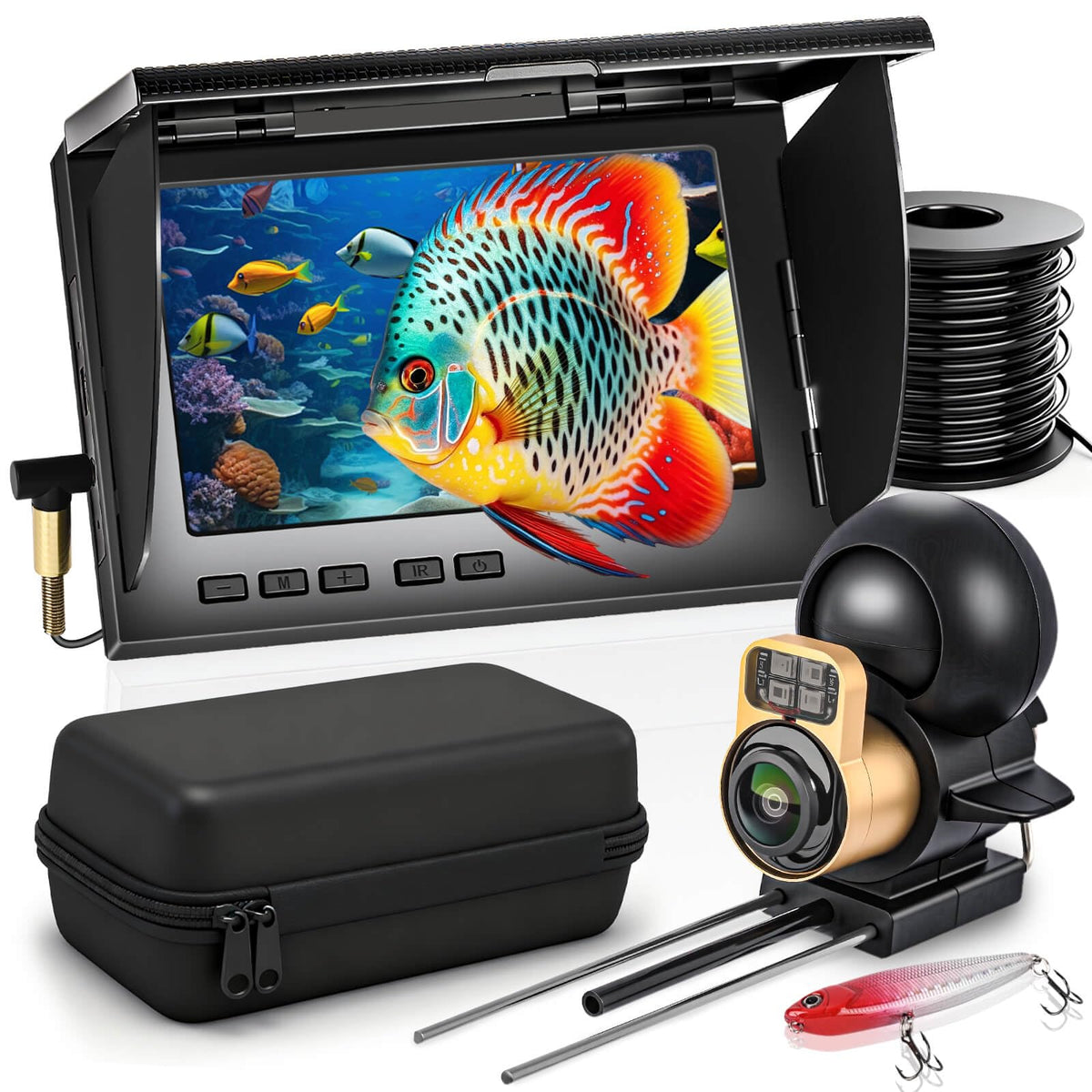 SUNMORN Underwater Fishing Camera 5" IPS 1080P 220° 50ft Cable | IR Night Vision, 66lb Load Cable, Carrying Case, for Ice Lake Boat Kayak Fishing