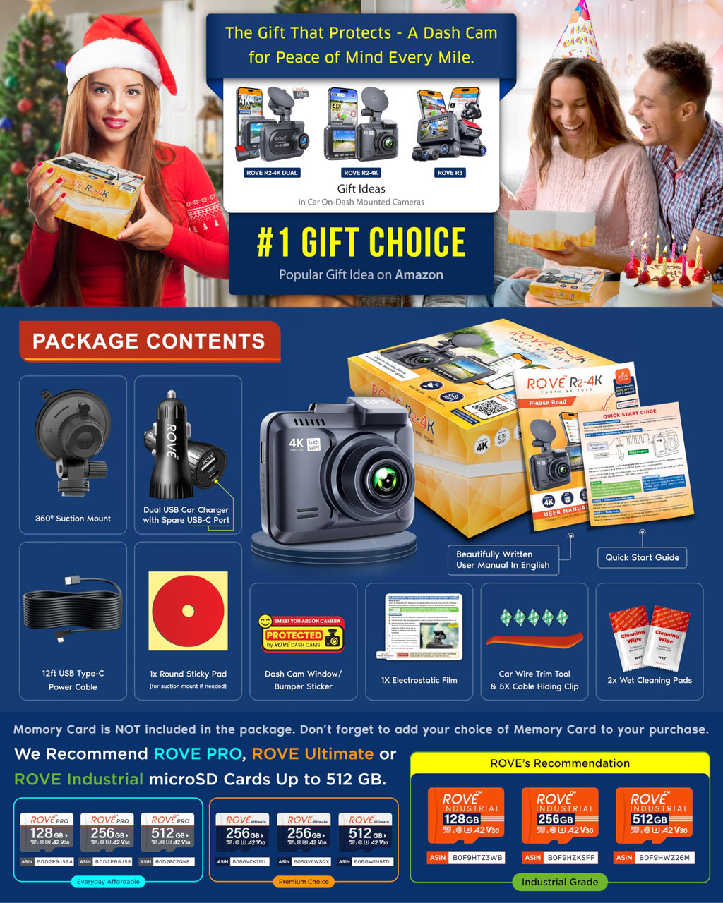 ROVE R2-4K Dash Cam, 4K UHD 2160P Car Camera, 8MP Sensor, WiFi 6 and GPS | Super Night Vision, 150° Wide Angle, 2.4in Screen, 24-Hr Parking Mode, Supports 512GB Max, Dash Camera for Cars Trucks