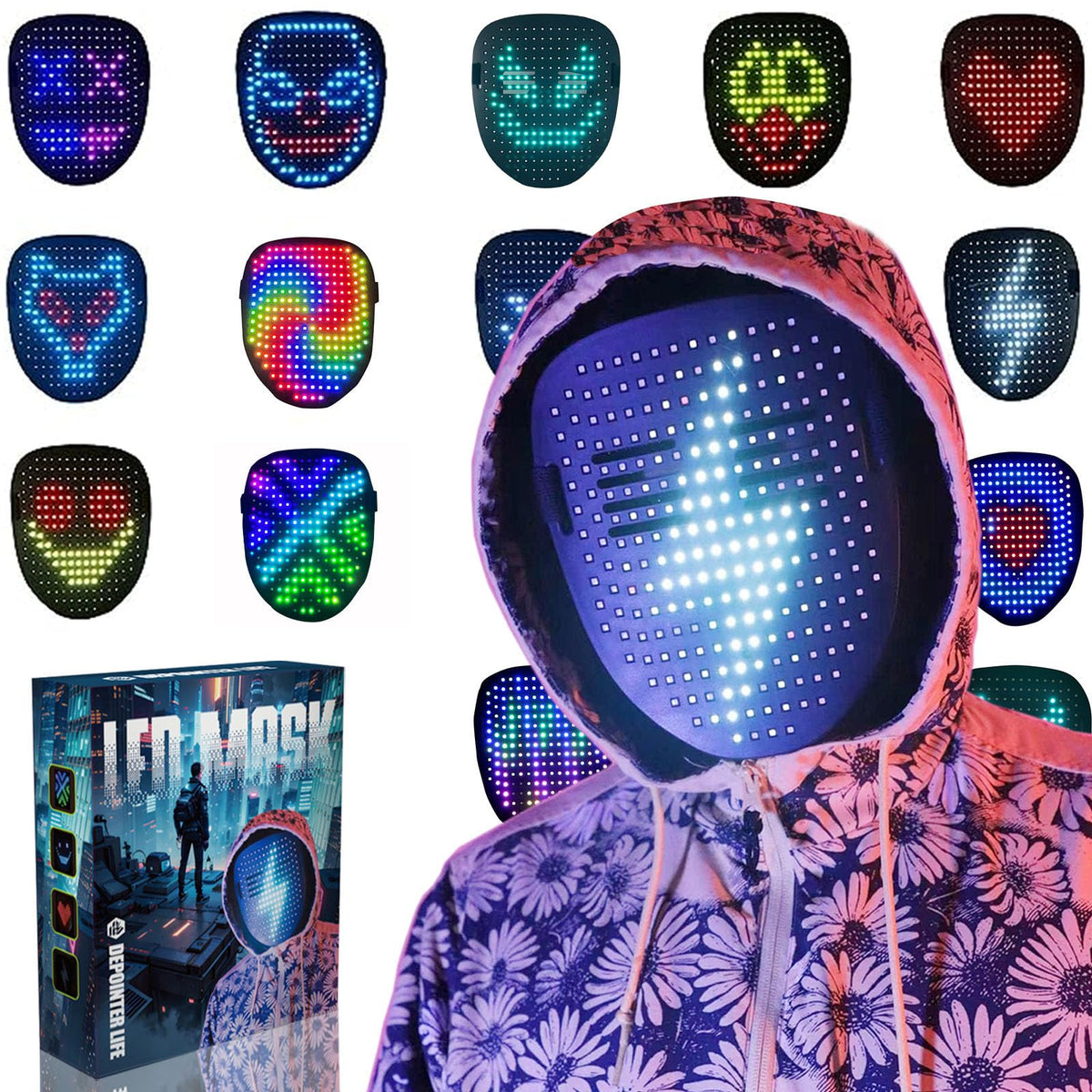 Depointer Life LED Mask Face-Transforming Light up Mask Cool Gifts for Boys | 50 Glowing Patterns,Halloween Costume Mask,Gesture Sensing,Gifts for Halloween Birthday,Suitable for Kids And Adults