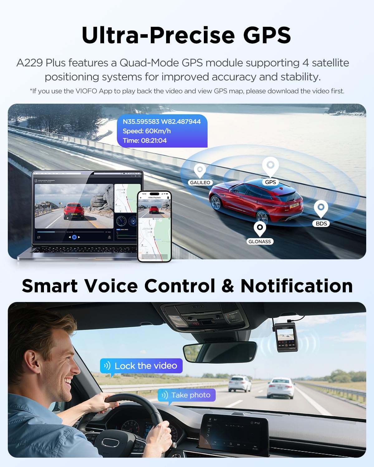VIOFO A229 Plus Dash Cam Front and Rear, 2K Dual STARVIS 2 Sensors & HDR | 1440P+1440P Car Dash Camera, 5GHz Wi-Fi, Smart Voice Control, Ultra-Precise GPS, Built-in Supercapacitor, 24H Parking Modes
