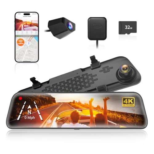 WOLFBOX G840S 12" 4K Mirror Dash Cam Backup Camera with 32GB Card and GPS | 5.8GHz WiFi Smart Rearview Mirror for Cars & Trucks, Front and Rear View Dual Cameras, Night Vision, Parking Assistance