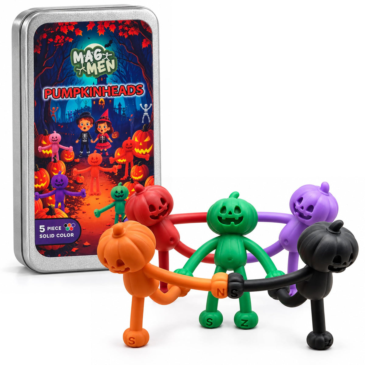 MAGMEN Pumpkinhead Magnetic Halloween Gift for Kids, Fun Toy Fidget Figures | Poseable fidget set, soft TPE, magnets securely embedded. Quiet screen free car and desk play w/metal play tin