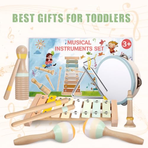 Baby Musical Instruments-Montessori Wooden Toys for Toddlers | Neutral Colors Percussion Instruments Set with Modern Boho Xylophone for Kids Preschool Educational (Neutral)
