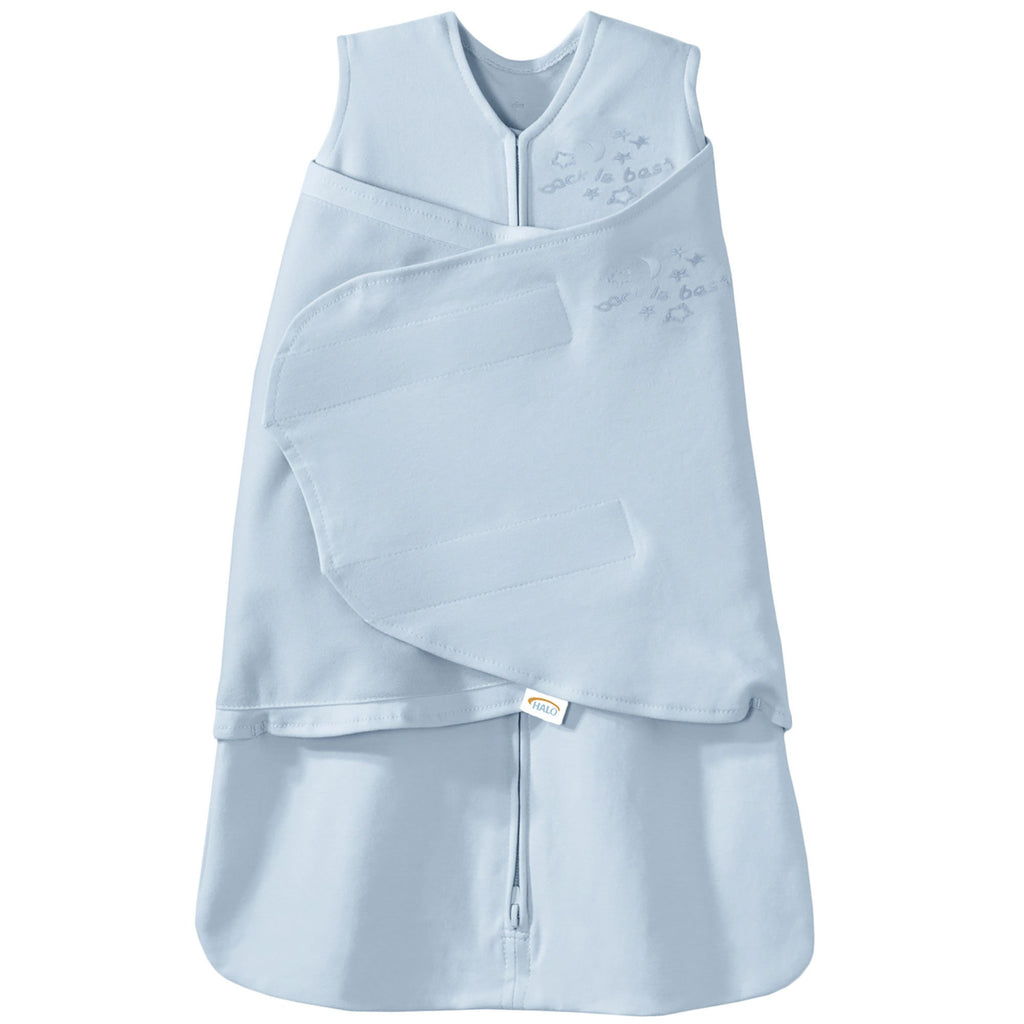 HALO SleepSack Swaddle | Cotton | 1.5 TOG | 68-75°F | 6-12 lbs |Baby Blue | 3-Way Swaddle: Arms In, Hands-to-Face or Arms Out | Double Zipper for Easy Changes | Hip-Healthy Design | Newborn 0-3 Months