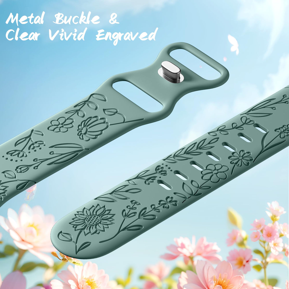 6 Pack Floral Engraved Bands Compatible with Apple Watch for Women | Cute Silicone Straps for Series 12 11 10 9 8 7 6 5 4 SE 3/2/1 Ultra, Wristband for iWatch 42mm 40mm 41mm 38mm 44mm 45mm 46mm