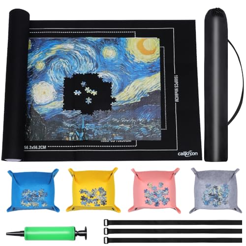 CALLKROON Puzzle Mat Roll Up for 1500 Pieces, Felt Puzzle Board Alternative Gift Set with 4 Sorting Trays and Inflatable Tube, Premium Puzzle Saver Mat for Storage, Portable Puzzle Rolling Mat