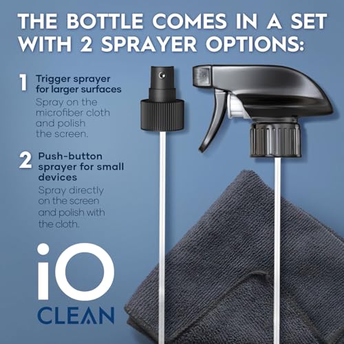 iO CLEAN 16oz Screen Cleaner Spray – Best Large Cleaning Kit | for LCD, LED & OLED TV, Smartphone, iPad, Laptop, Touchscreen, Computer Monitor, Microfiber Cloth Wipes & 2 Nozzles