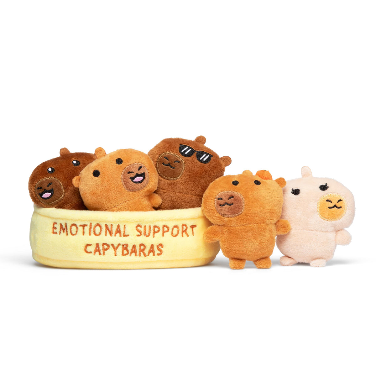 Emotional Support Capybaras, Cuddly Stuffed Animals by Relatable | Squishy Toys and Plushies, Great Gift for Loved Ones of All Ages, Includes 5 Capybara Plushies with Carrying Basket