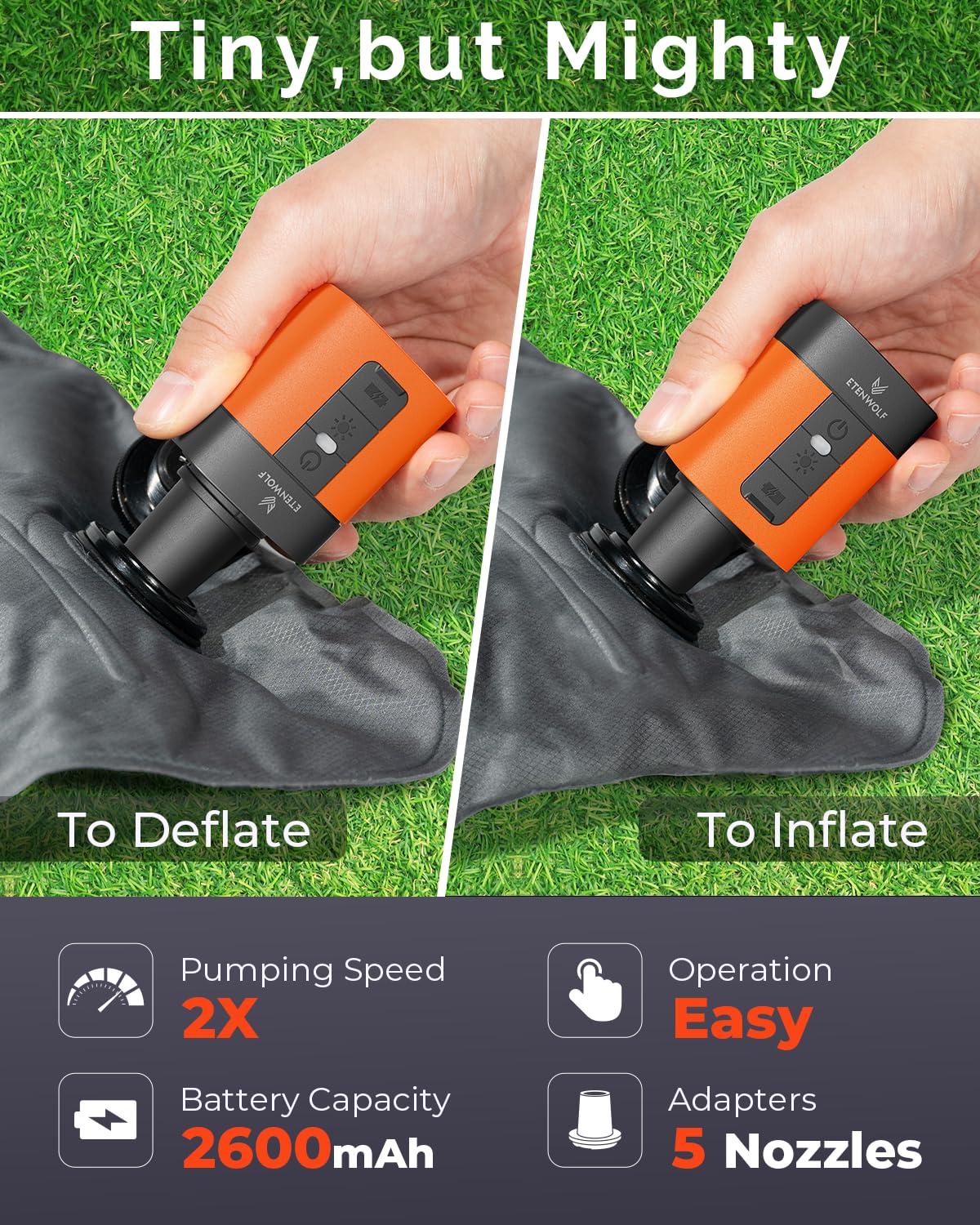 ETENWOLF AIR 3 Air Pump for Inflatables with 2600mAh Battery& Camping Light | Ultra-Fast and Mini Electric Air Pump, Inflate Deflate for Air Mattress, Pool Floats, Vacuum Storage Bags