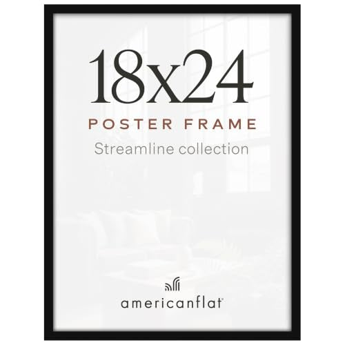 Americanflat 18x24 Poster Frame - Slim Molding - Black | Polished plexiglass front, hangs vertical or horizontal, sawtooth hangers included, secure turn-tab backing