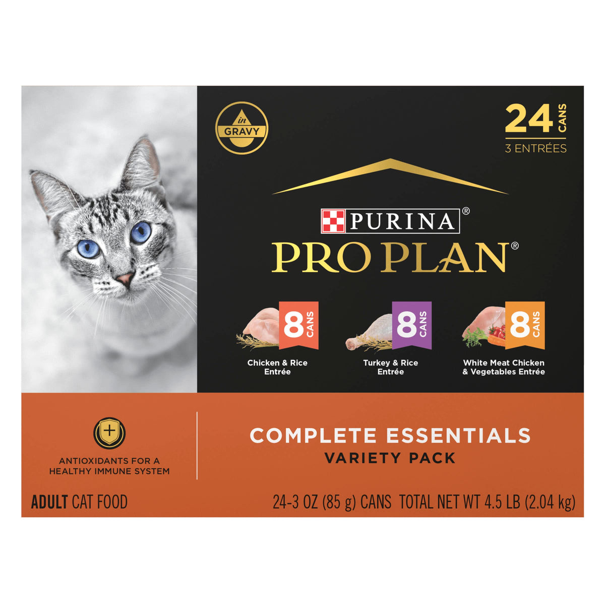 Purina Pro Plan Complete Essentials Wet Cat Food Variety, (24) 3 oz Cans | Chicken & Rice, Turkey & Rice, and White Meat Chicken & Vegetables Entrees, with antioxidants for healthy immune system