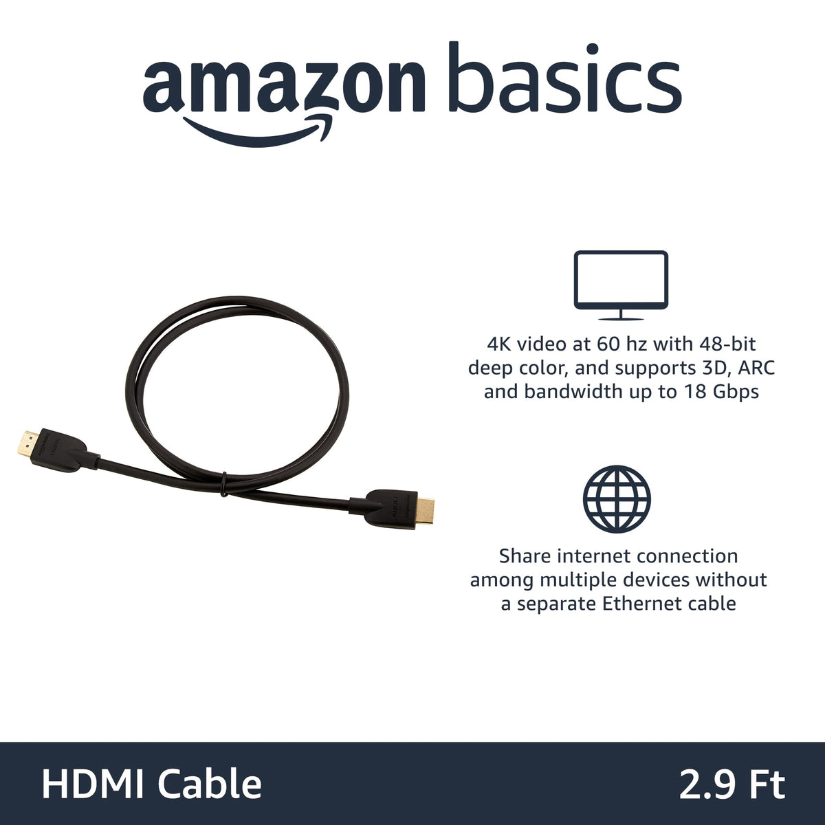 Amazon Basics HDMI Cable, 3ft, 4K@60Hz, High-Speed HDMI 2.0 Cord, 18Gbps, 2160p, 48 bit, Compatible with TV/PS5/Xbox/Roku, Black