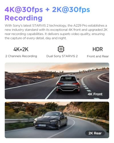 VIOFO A229 Pro 4K HDR Dash Cam Front and Rear, Dual STARVIS 2 Sensors | 4K Front and 2K Rear, IMX678 & IMX675 sensors, 5GHz Wi-Fi, GPS, Voice Control, Buffered 24H Parking Mode, Night Vision 2.0
