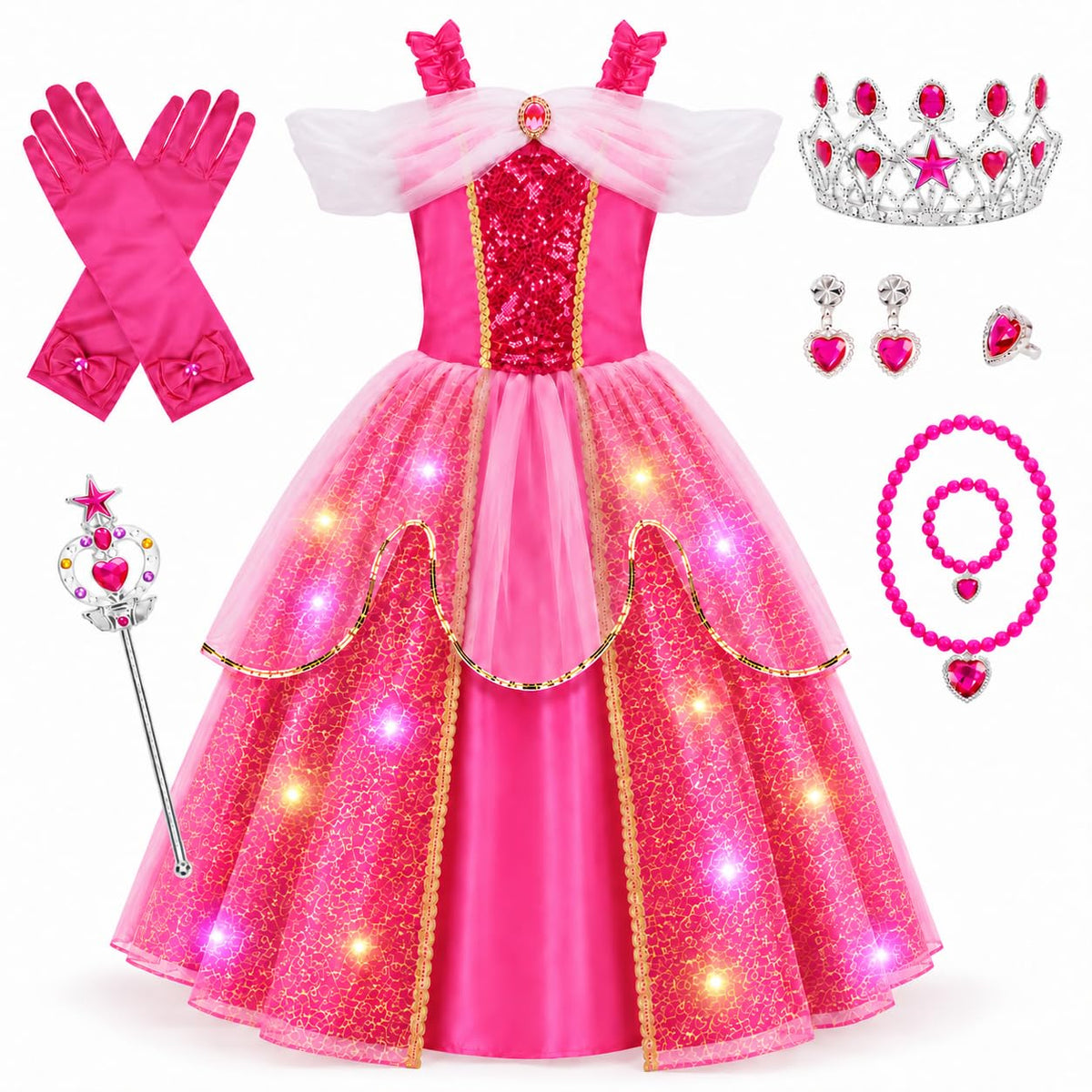Meland Light Up Princess Dress for Girls Ages 3-10, Halloween Costume Party | Pink Light up Princess Dress for Girls with Princess Toys, Halloween Christmas Birthday Gift for Girls 3 4 5 6 7 8 9 10