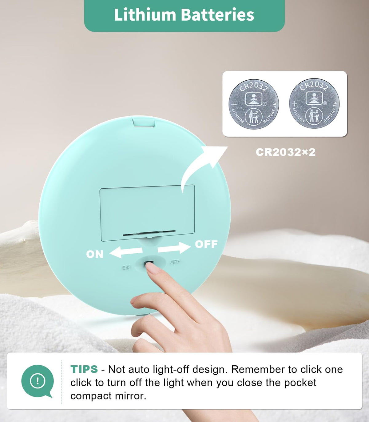 WOBSION 10X Magnification Compact Mirror with Light | 3.5-Inch 2-Sided Portable Travel Makeup Mirror for Purse and Handbag, Lighted Pocket Mirror, Cyan